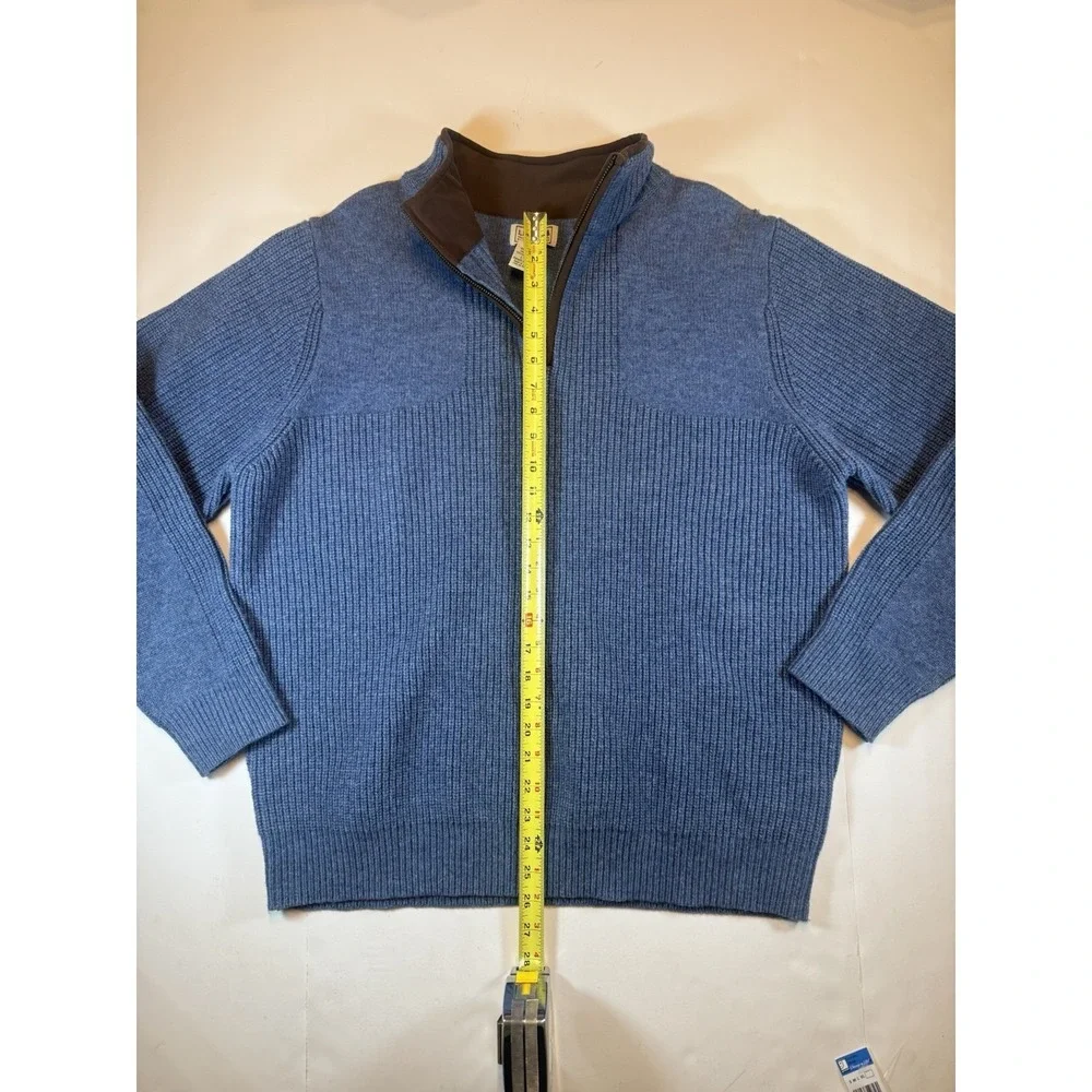 LL Bean Sweater Mens Blue Merino Lambswool 1/4 Zip Brown Collar‎ 237808 Large
